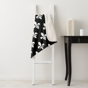 Couverture Sherpa Fleur de Lis Motif, Royal French, Blanc sur Noir