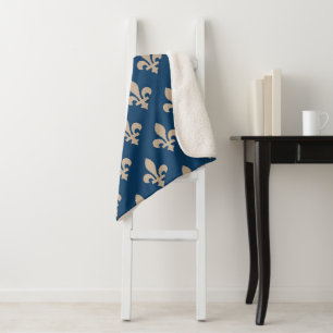 Couverture Sherpa Fleur de Lis Motif, Royal French, Crème sur Blue