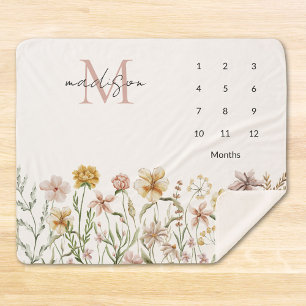Couverture Sherpa Fleur de Milestone Florale de Monogramme Aquarelle