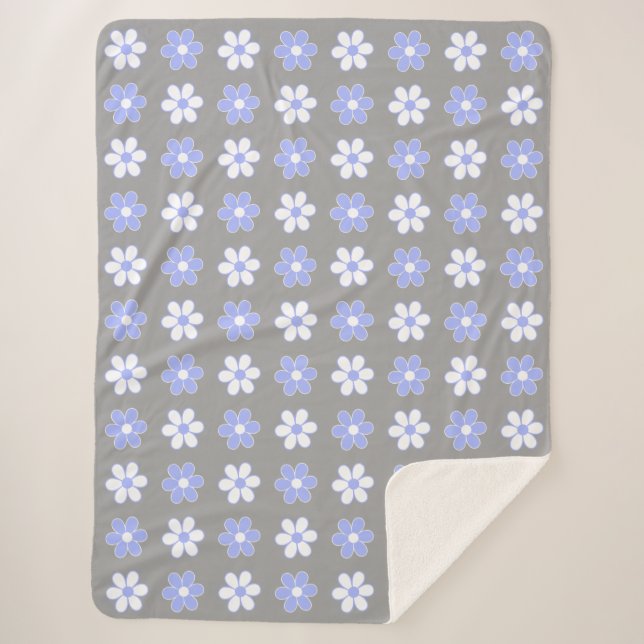 Couverture Sherpa Fleurs bleu ciel et blanc sur gris argent (Devant)