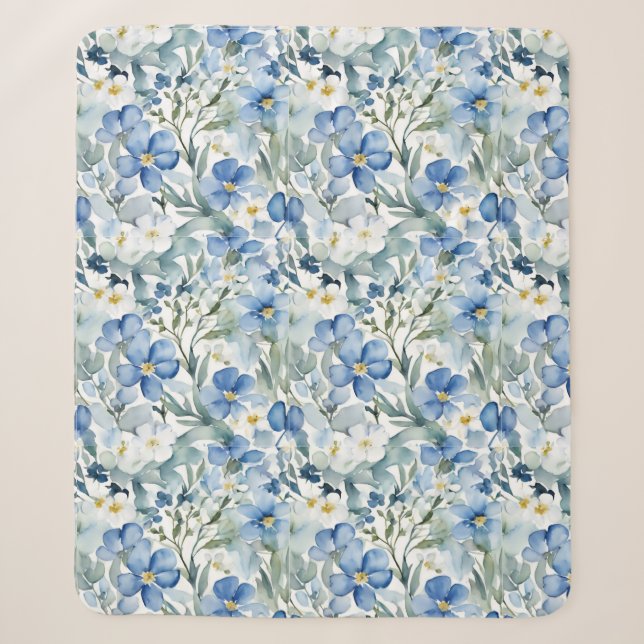 Couverture Sherpa Fleurs Bleues Blancs Aquarelle Chic (Devant)