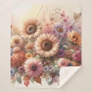 Couverture Sherpa Fleurs d'automne et tournesols pastels d'aquarelle