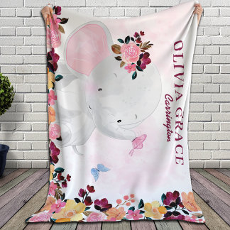 Couverture Sherpa Fleurs de Bourgogne et Eléphant mignon Nom personn