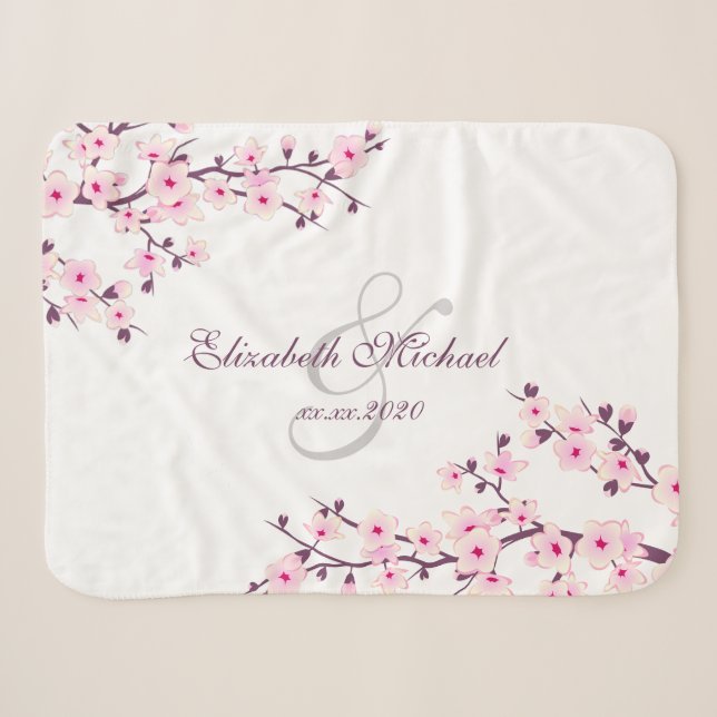 Couverture Sherpa Fleurs de cerise Rose Blanc Nouveaux mariés Enregi (Devant (Horizontal))