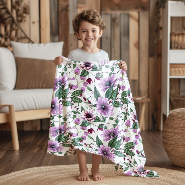 Couverture Sherpa Fleurs de lavande avec motif feuille vert (Créateur téléchargé)