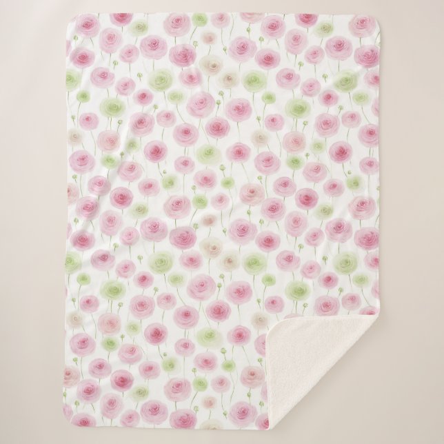 Couverture Sherpa Fleurs de Ranunculus Menthe Rose (Devant)