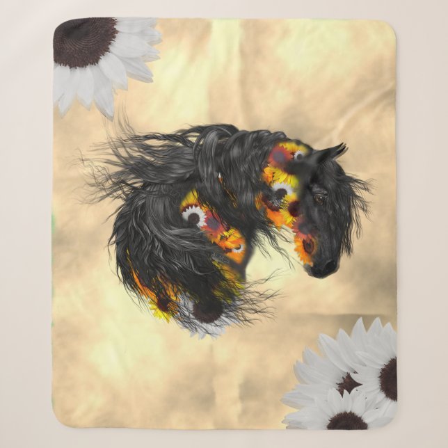 Couverture Sherpa Fleurs de soleil et Cheval friésien (Devant)