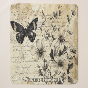 Couverture Sherpa Fleurs et papillons rustiques - Papier vieilli (1)