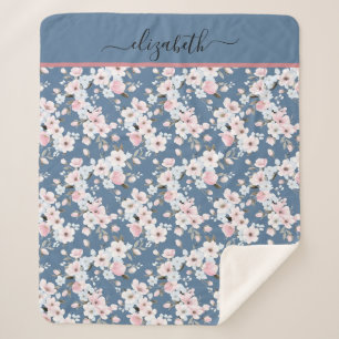 Couverture Sherpa Fleurs Florales Rose Blanc Bleu Foncé Monogramme