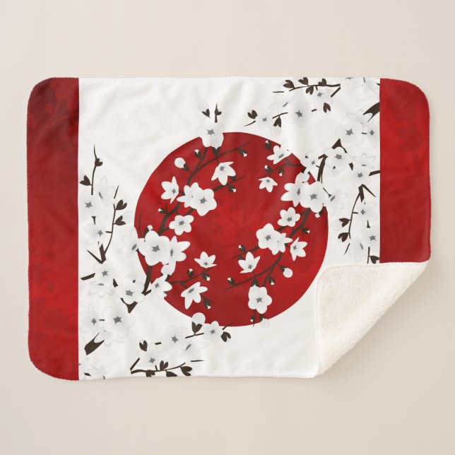 Couverture Sherpa Fleurs japonaises de cerisier Rouge Noir Blanc (Devant (Horizontal))