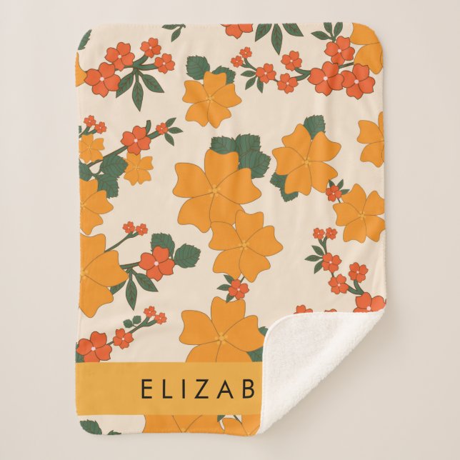 Couverture Sherpa Fleurs Oranges, Motif De Fleurs, Votre Nom (Devant)