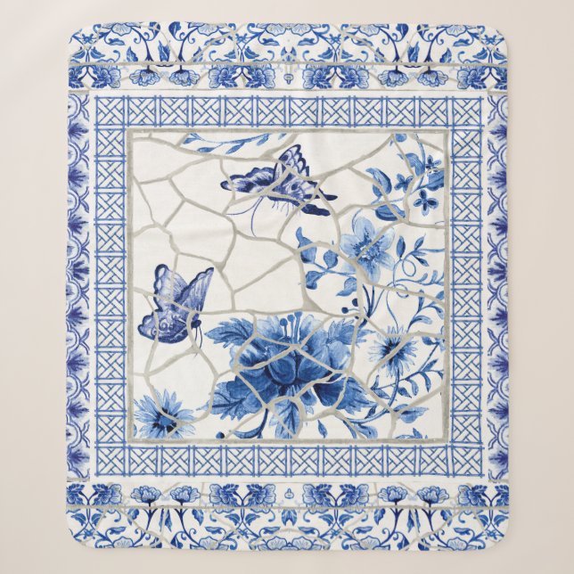 Couverture Sherpa Fleurs Papillon Bleu et Chinoiserie blanche Chic (Devant)