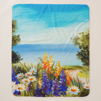 Couverture Sherpa fleurs peintes à l'huile près de la mer, champ de