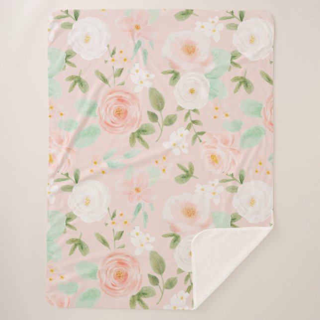 Couverture Sherpa Fleurs Roses d'aquarelle en rose et en rose (Devant)