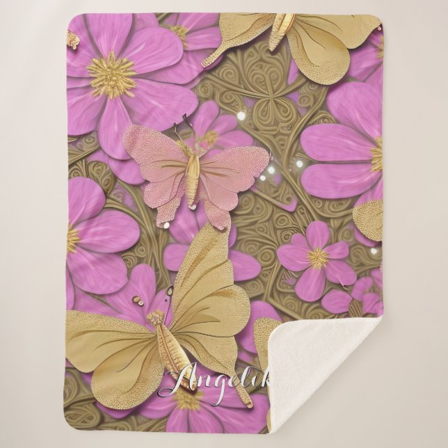 Couverture Sherpa Fleurs roses, Papillons d'or et votre nom (Devant)