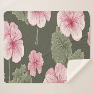 Couverture Sherpa Fleurs roses sur arrière - plan vert