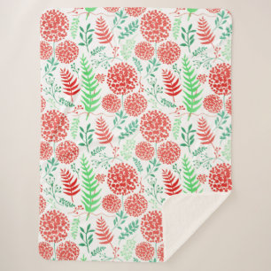 Couverture Sherpa Fleurs rouges arrondies vert feuille motif