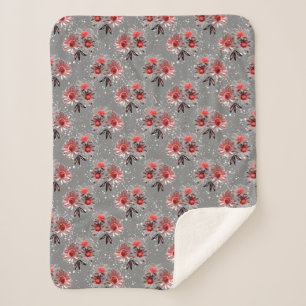 Couverture Sherpa Fleurs rouges sur gris