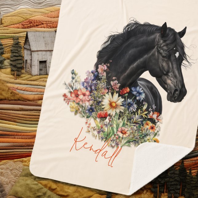 Couverture Sherpa Fleurs sauvages Black Horse Personnalisés (Créateur téléchargé)