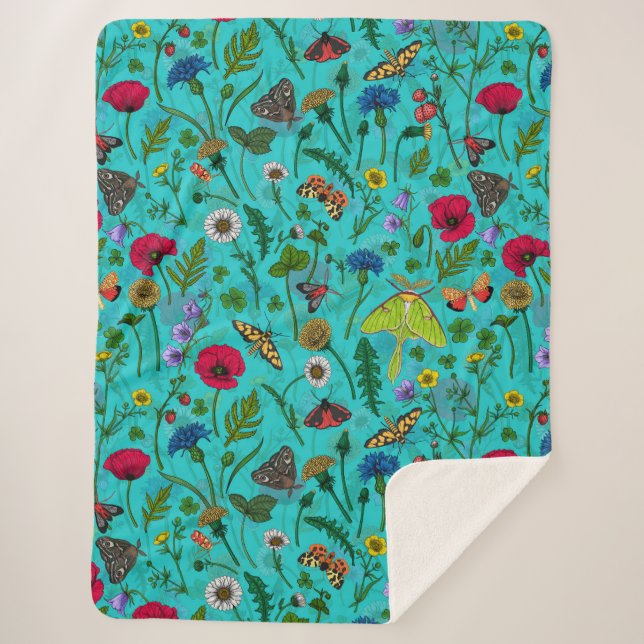 Couverture Sherpa Fleurs sauvages et papillons de nuit sur turquoise (Devant)