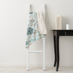Couverture Sherpa Fleurs Turquoises en gris rose blanc blanc