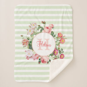 Couverture Sherpa Fleurs vintages Pastel Green Stripes Monogramme