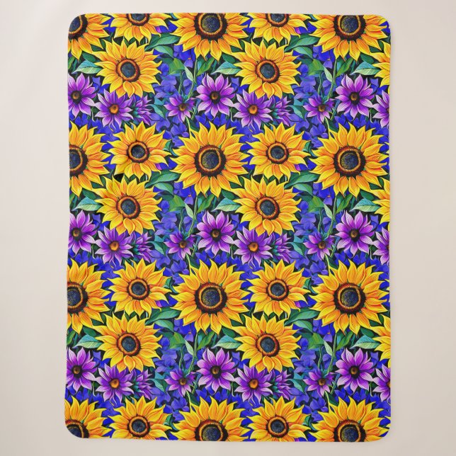 Couverture Sherpa Fleurs violettes et tournesols jaunes Floral (Devant)