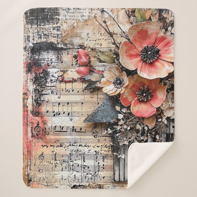 Couverture Sherpa Floral avec touches de piano rustique et feuille d (Devant)