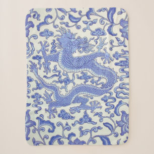 Couverture Sherpa Floral de dragon oriental chinois bleu et blanc