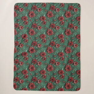Couverture Sherpa Floral de Roses rouges vertes