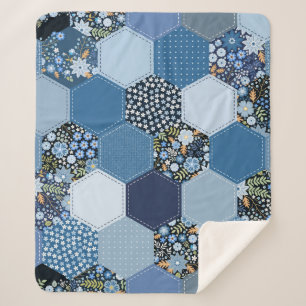 Couverture Sherpa Floral, patchwork de denim : motif bleu.