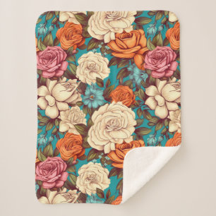 Couverture Sherpa Florales de Boho vintage, Botaniques de Crème Turq