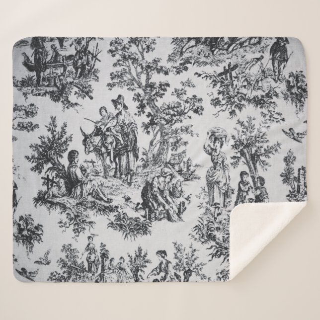 Couverture Sherpa Française toile de jouy noir et blanc élégant (Devant (Horizontal))