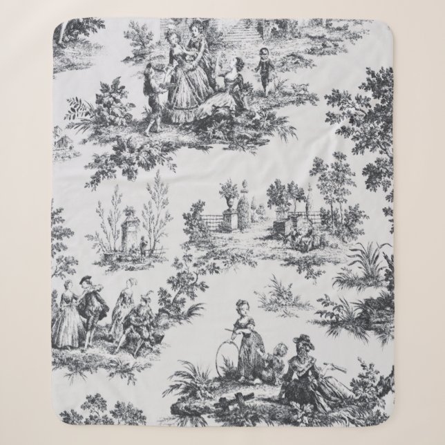 Couverture Sherpa Française toile de jouy noir et blanc élégant (Devant)