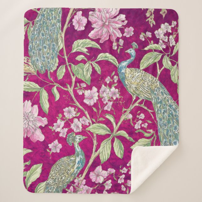 Couverture Sherpa Fuchsia Chinoiserie paon floral (Devant)