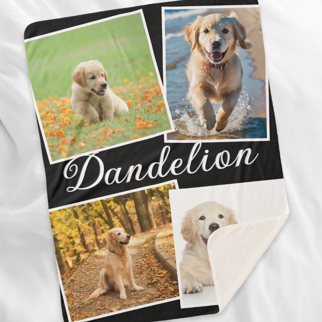 Couverture Sherpa Galerie de photos de chien de compagnie moderne él (A cozy sherpa blanket featuring four pet photos and custom name in script typography)