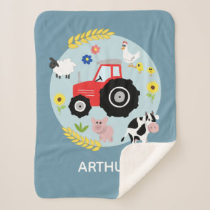 Couverture Sherpa Garçons Cute Blue Farm Animaux Tracteur & Nom Enf