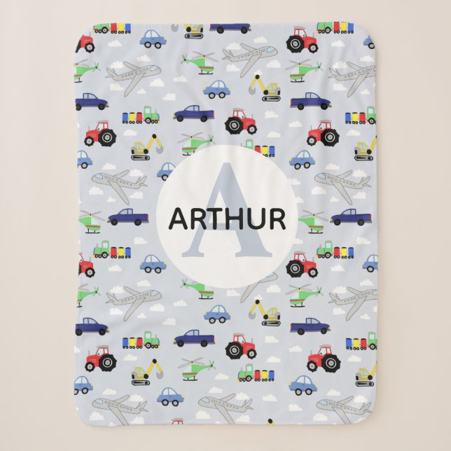 Couverture Sherpa Garçons Motif de transport jolie voiture Monogramm (Devant)
