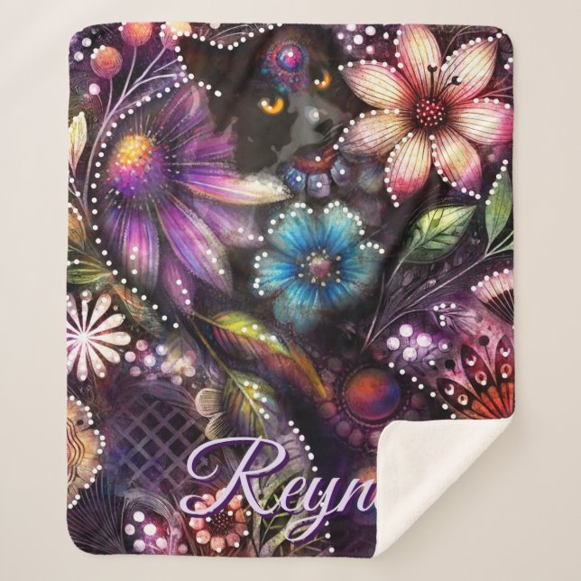 Couverture Sherpa Garden Kitty Cat Floral Abstract Personalized (Devant)