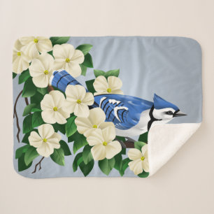 Couverture Sherpa Geai bleu parmi des fleurs de cornouiller