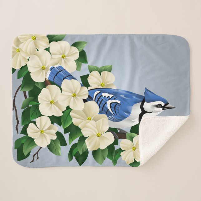 Couverture Sherpa Geai bleu parmi des fleurs de cornouiller (Devant (Horizontal))