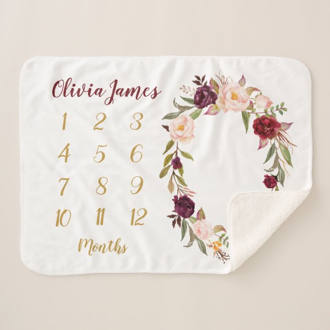 Couverture Sherpa Gold Floral Baby Milestone Monthly Sherpa Blanket (Devant (Horizontal))