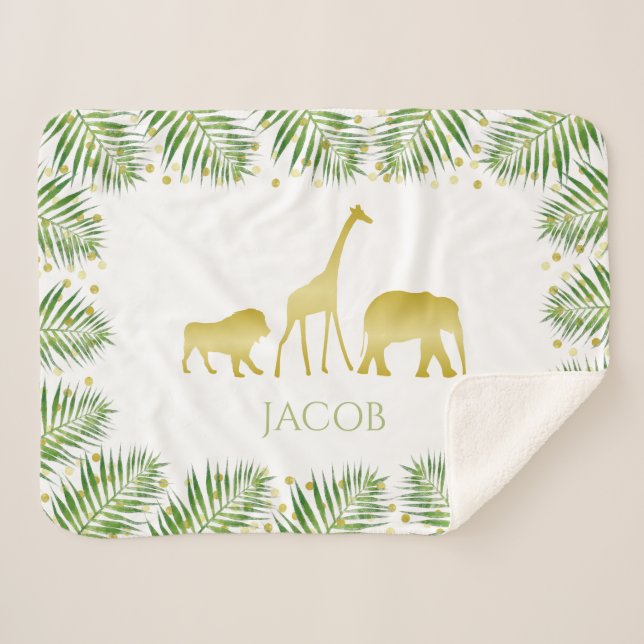 Couverture Sherpa Gold Safari Animaux Tropical Baby Room Nursery (Devant (Horizontal))