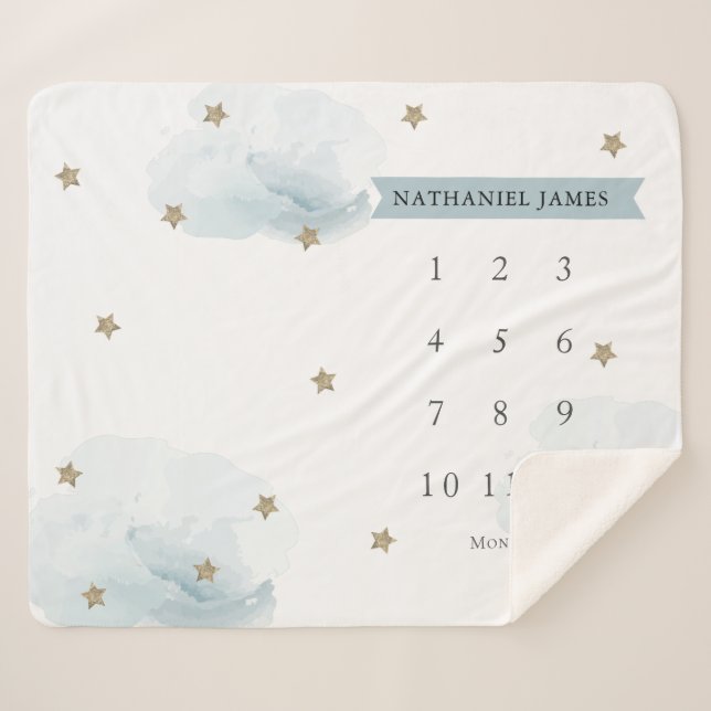 Couverture Sherpa Gold Stars & Nuages Blue Boy Mensuel Milestone (Devant (Horizontal))