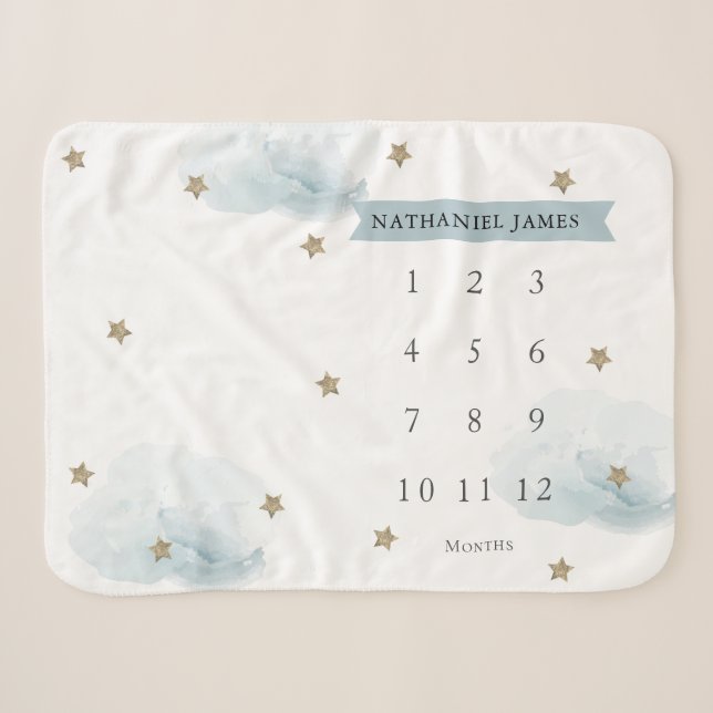 Couverture Sherpa Gold Stars & Nuages Blue Boy Mensuel Milestone (Devant (Horizontal))