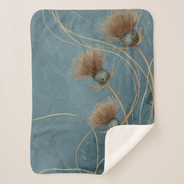 Couverture Sherpa Golden Thistle Teal Blue Texture Elegance (Devant)