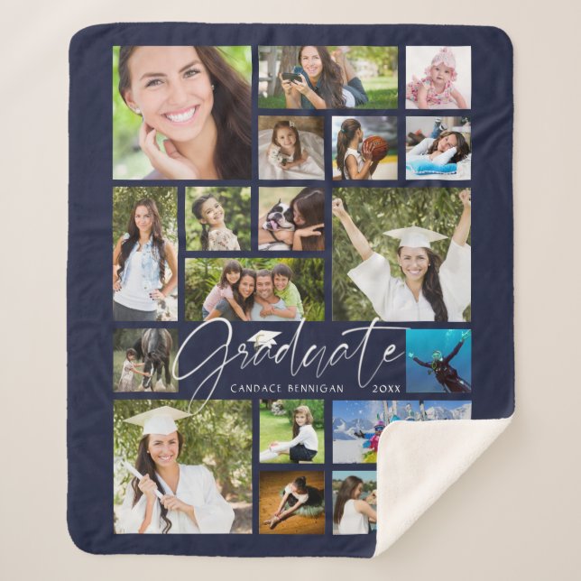Couverture Sherpa GRADUATE Moderne 19 Photo Collage Script Navy Blue (Devant)