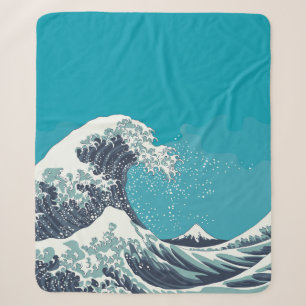 Couverture Sherpa Grande vague et Mont Fuji vintage bois japonais