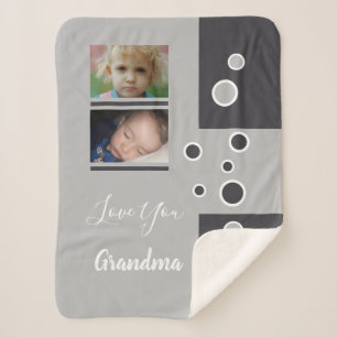 Couverture Sherpa Grandma cadeau photos de petits-enfants gris et bl