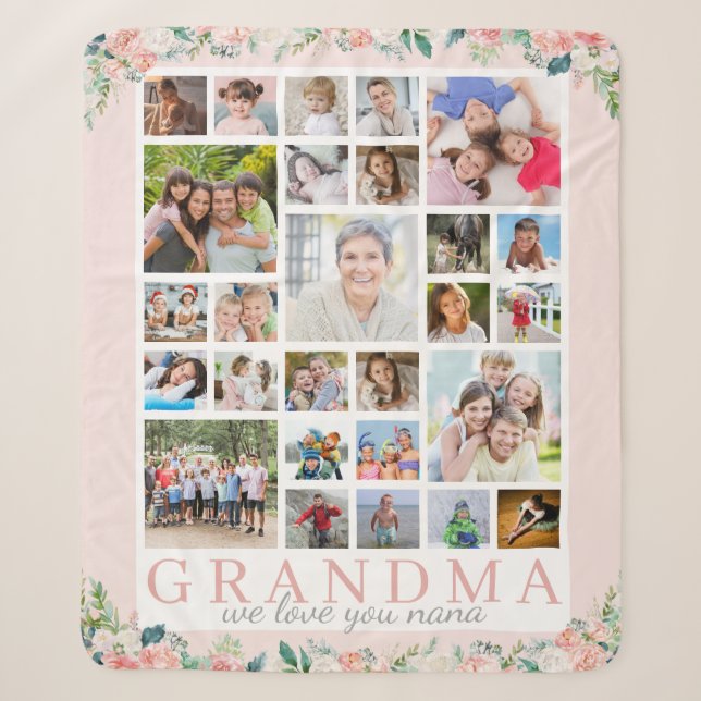 Couverture Sherpa GRANDMA Photo Collage Floral Blush Pink (Devant)
